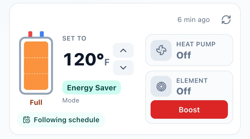 The WattHacker water heater screen: the tank reads Full, set to 120°F in Energy Saver mode, following its schedule, with the heat pump and element both off and a Boost button.