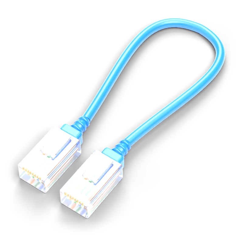 A short blue Ethernet cable with clear plugs