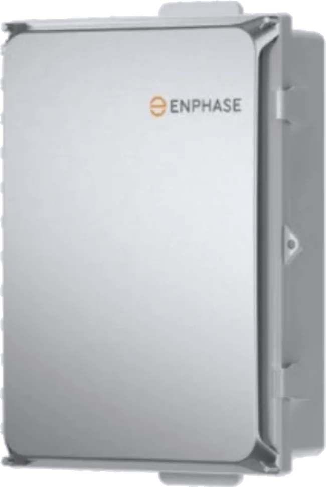 An Enphase system: a grey outdoor enclosure with the Enphase logo on the door.