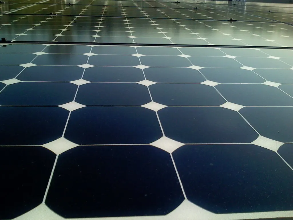 Close-up of a solar panel's surface: rows of dark blue cells separated by thin white gaps, with more panels behind.