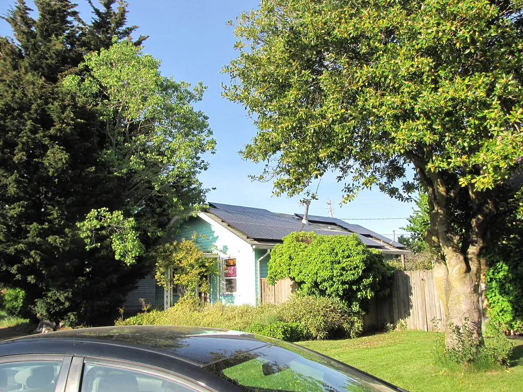 A small house with solar panels on its roof, between tall trees, on a sunny day.